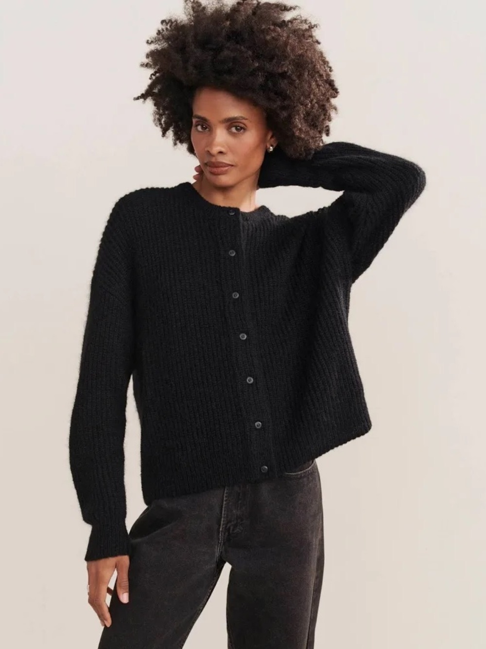 JENNI KAYNE HayesBlack Rib-Knit Button Cardigan Sweater - Women